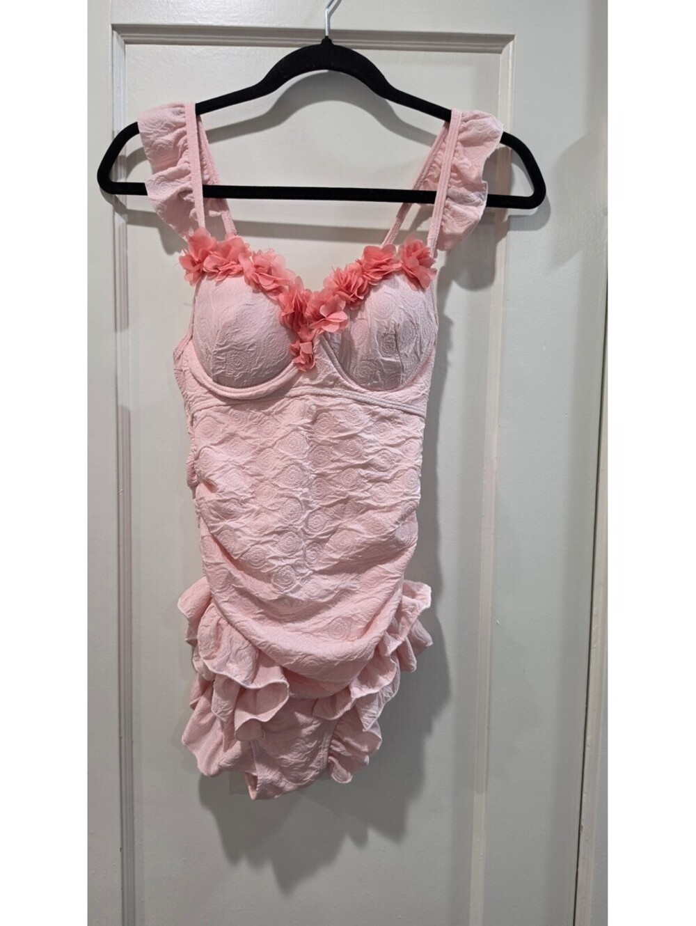 Pink Ruffled Floral Accent One-Piece Swimsuit Size S